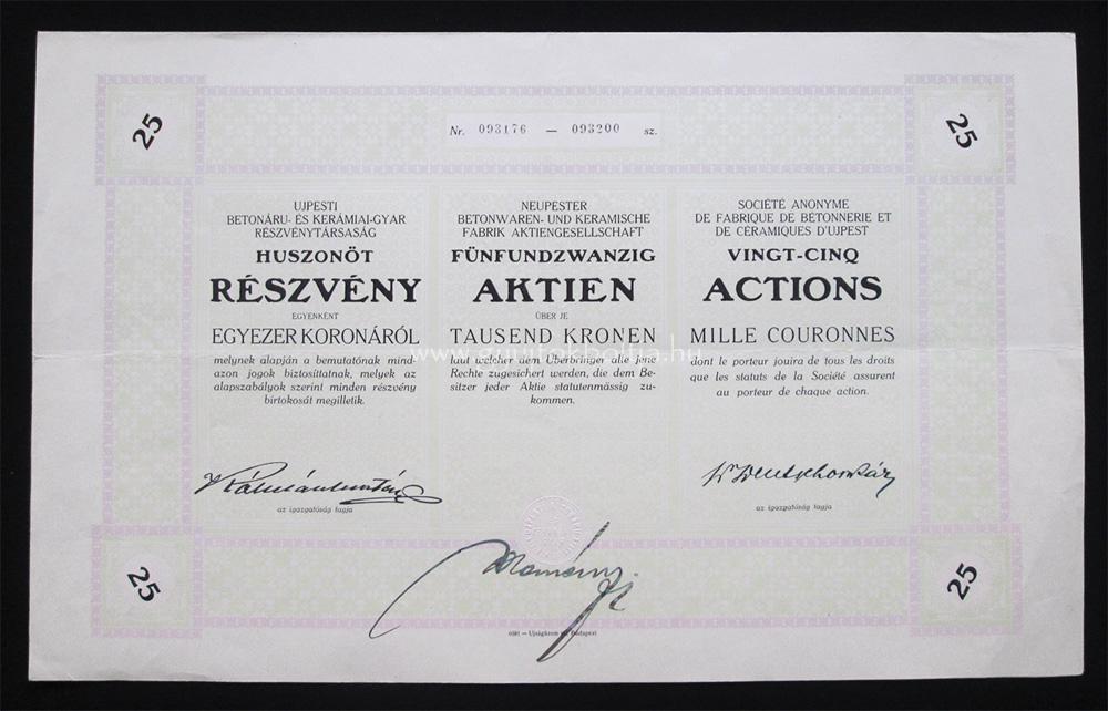 jpesti Betonru- s Kermiai Gyr rszvny 25000 korona 1923